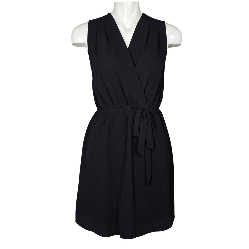 Monteau Women's Black Sleeveless Faux Wrap Tie Waist Mini Dress Small